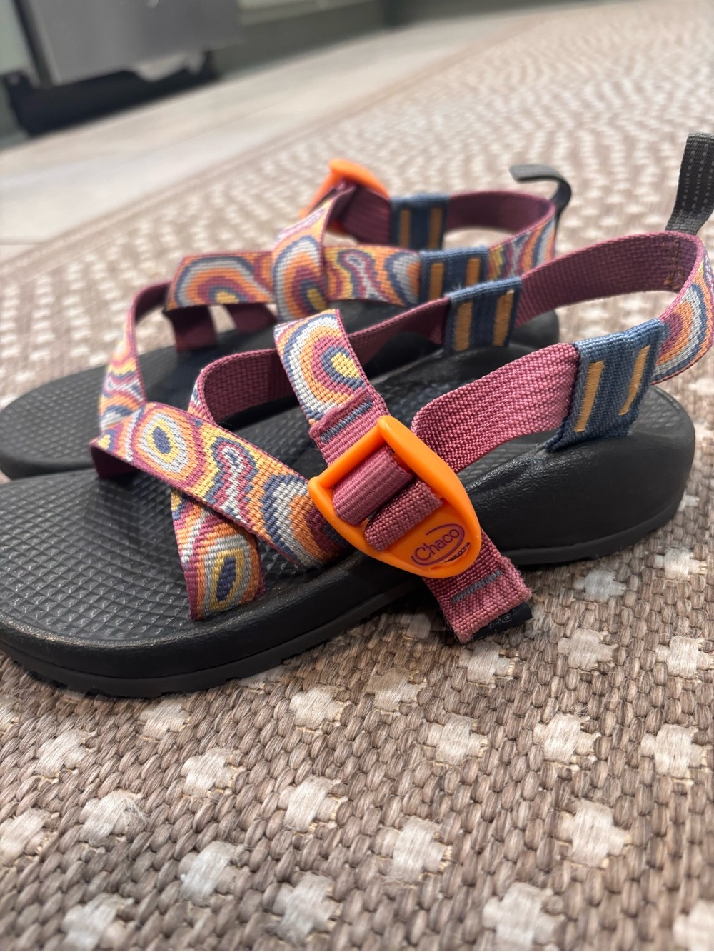 Chaco Kids Multicolor Patterned Strap Sandals with Orange Buckle
